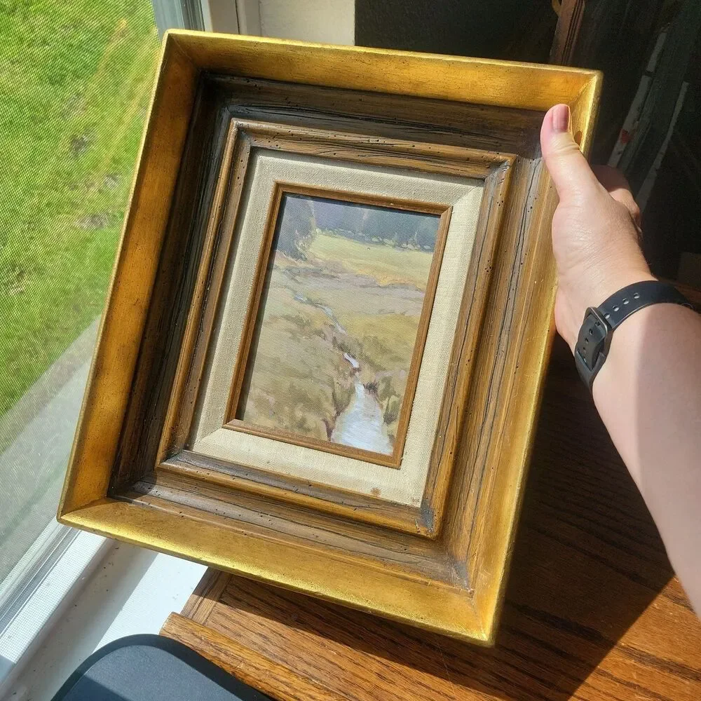 Vtg Multi Tiered gilded picture art frame Linen Matting Landscape print on Board